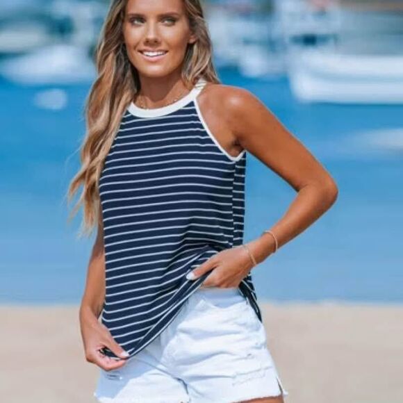 Women's Blue-and-White Stripe Round Neck Tank -Cupshe - Picture 2 of 4